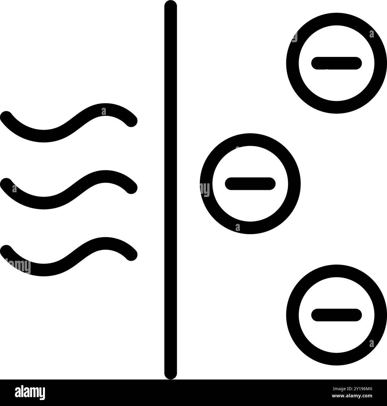 Icona vettore ionizzatore. Segno del contorno del flusso d'aria. Flussi d'aria con particelle cariche. Ioni. Ioni negativi. Illustrazione del logo del purificatore. Semplice Illustrazione Vettoriale