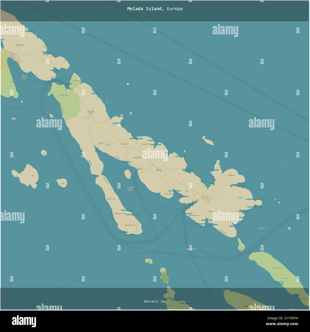 Isola di Melada nel Mare Adriatico, appartenente alla Croazia, ritagliata in piazza su una mappa topografica in stile umanitario OSM Foto Stock