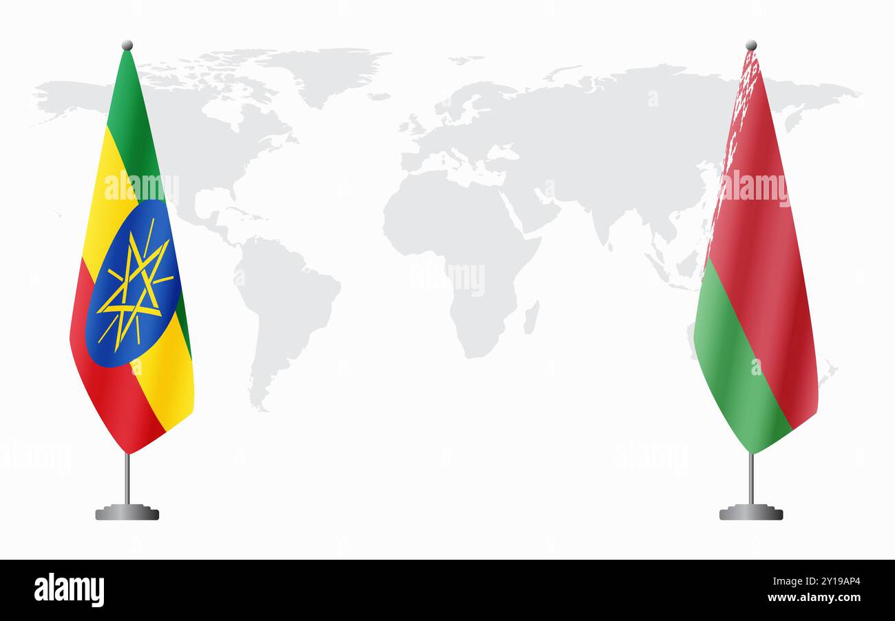 Bandiere etiopi e bielorusse per riunioni ufficiali sullo sfondo della mappa mondiale. Illustrazione Vettoriale