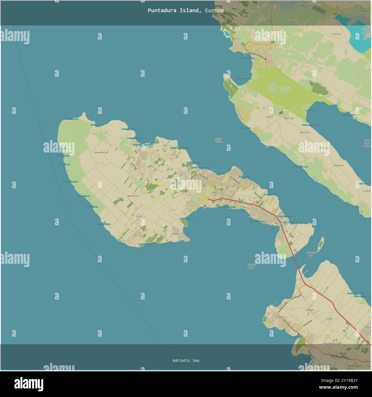 L'isola di Puntadura, nel Mar Adriatico, appartenente alla Croazia, si ritaglia in piazza su una mappa topografica in stile umanitario OSM Foto Stock