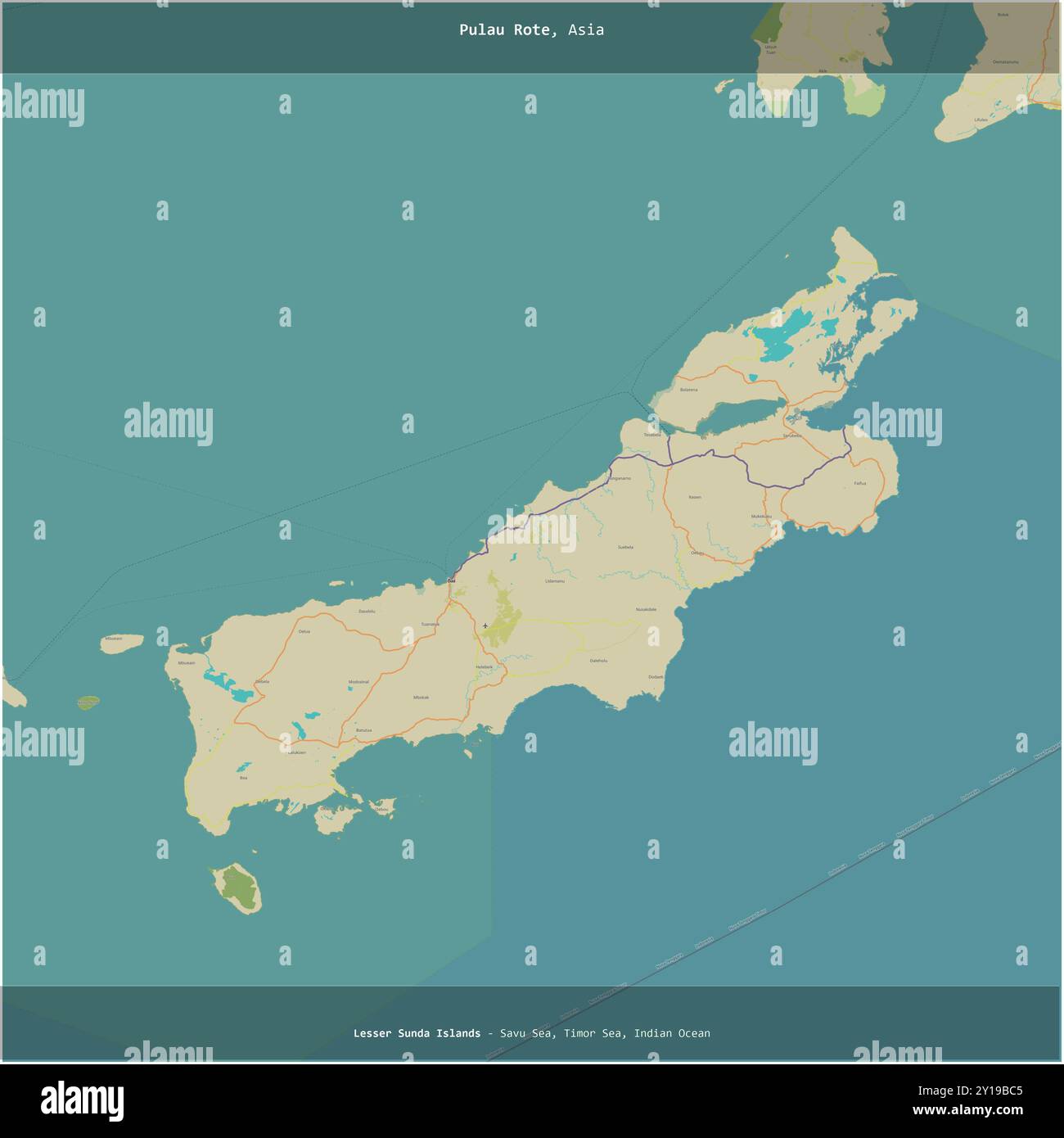 Pulau Rote nel Mare di Savu, appartenente all'Indonesia, ritagliato in quadrato su una mappa topografica in stile umanitario OSM Foto Stock