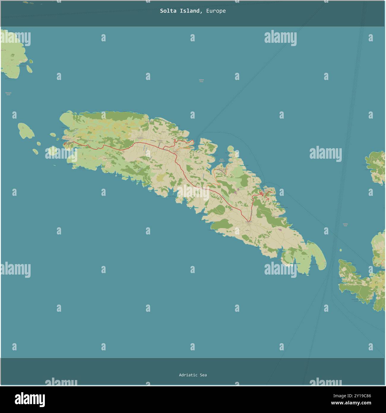 Isola di Solta nel Mare Adriatico, appartenente alla Croazia, ritagliata in piazza su una mappa topografica in stile umanitario OSM Foto Stock