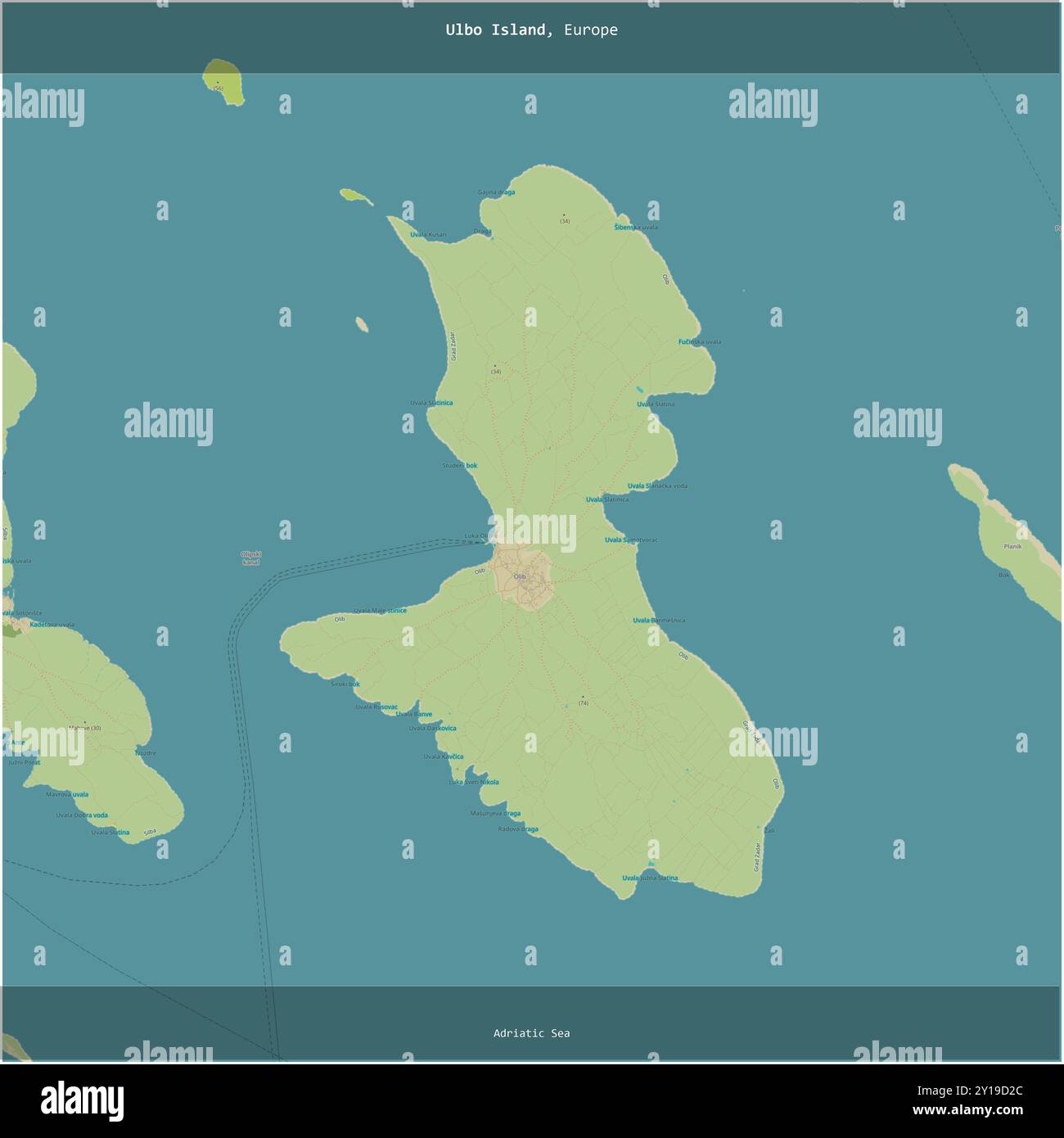 L'isola di Ulbo, nel Mare Adriatico, appartenente alla Croazia, si ritagliò in piazza su una mappa topografica in stile umanitario OSM Foto Stock