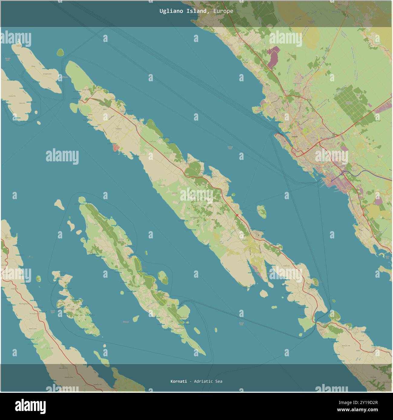 Isola di Ugliano nel Mare Adriatico, appartenente alla Croazia, ritagliata in piazza su una mappa topografica in stile umanitario OSM Foto Stock