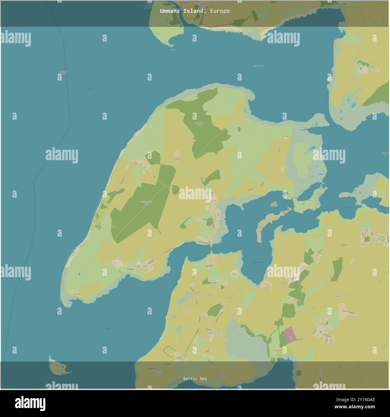 Isola Ummanz nel Mar Baltico, appartenente alla Germania, ritagliata in piazza su una mappa topografica in stile umanitario OSM Foto Stock