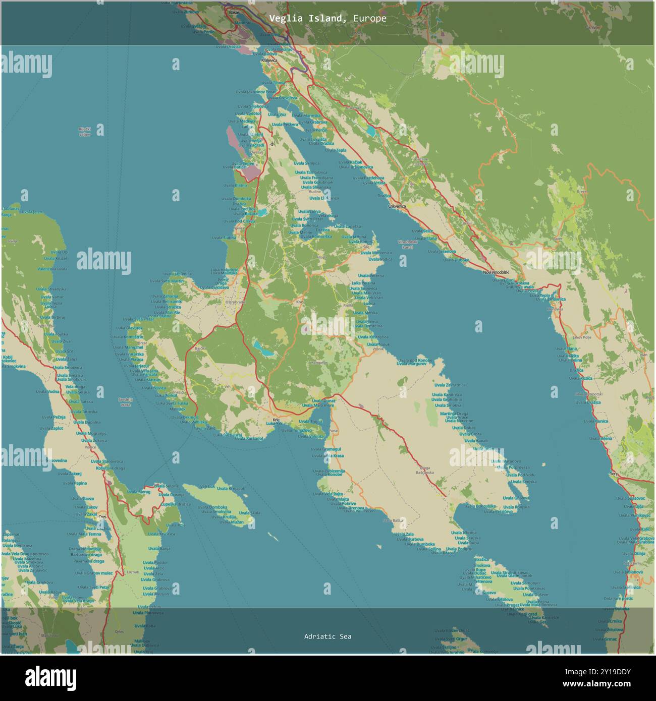Isola di Veglia nel Mare Adriatico, appartenente alla Croazia, ritagliata in piazza su una mappa topografica in stile umanitario OSM Foto Stock