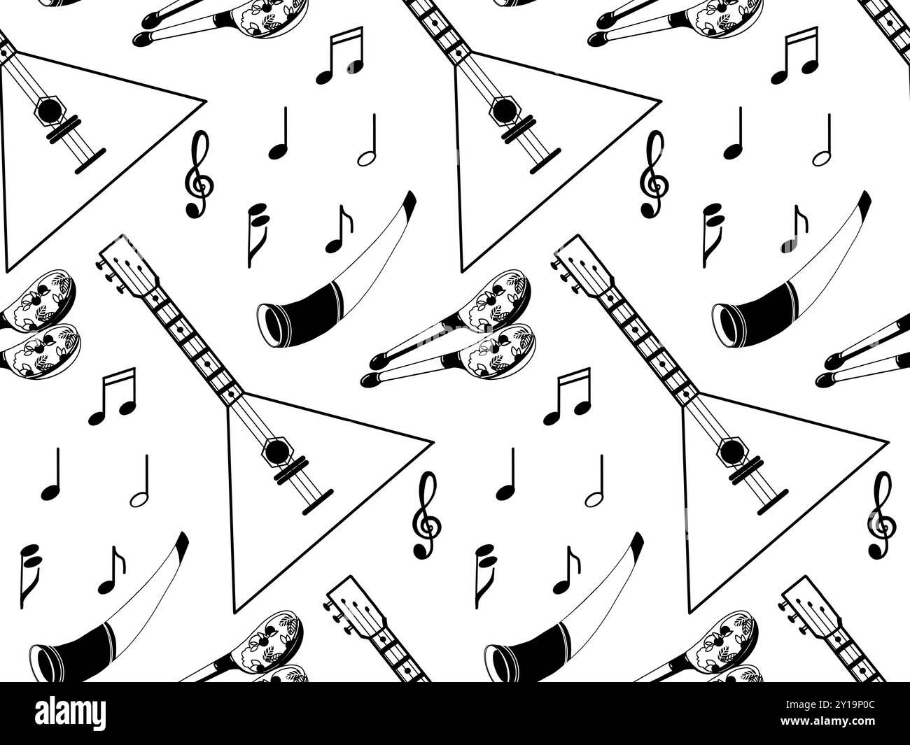 Pattern vettoriale senza giunture. Strumenti musicali popolari russi, cucchiai di legno, balalaika, corno, tutti gli oggetti sono disegnati a mano in vettoriale di colore nero. Illustrazione Vettoriale