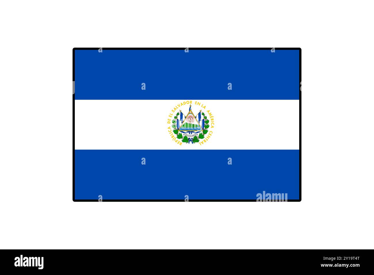 La bandiera di El Salvador presenta tre strisce orizzontali in blu e bianco, con l'emblema nazionale al centro. Simboleggia il patrimonio e l'unità del paese. Illustrazione Vettoriale