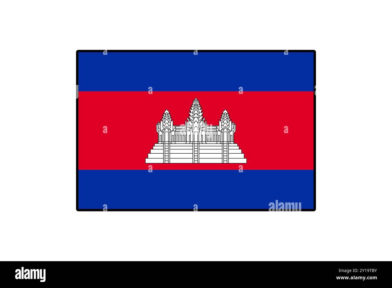 La bandiera cambogiana presenta un design sorprendente con una rappresentazione centrale di Angkor Wat, adagiata su un vibrante sfondo blu e rosso, che simboleggia l'orgoglio e il patrimonio nazionale. Illustrazione Vettoriale