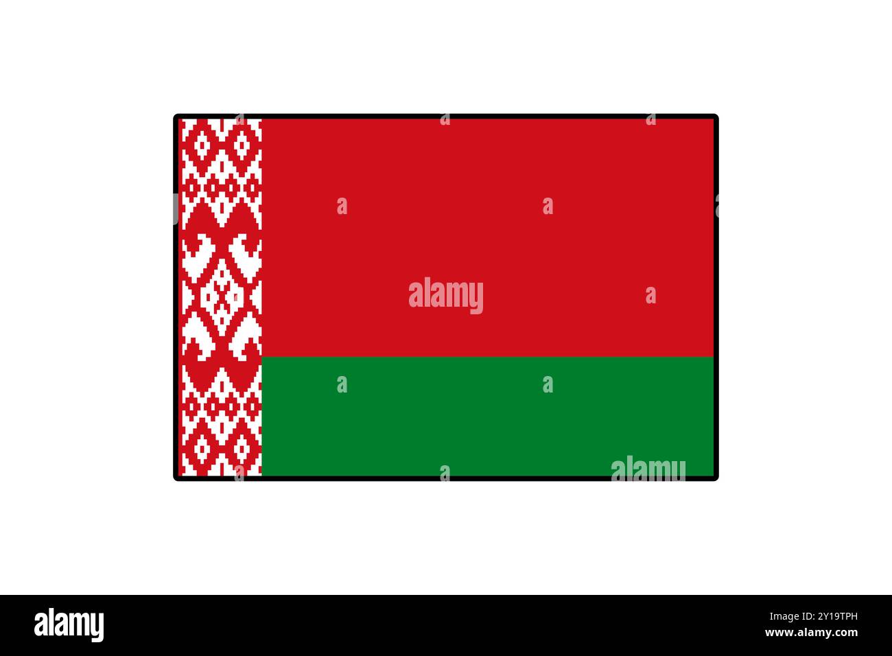 La bandiera della Bielorussia presenta un audace campo rosso sormontato da verde, adornato sul bordo sinistro con intricati motivi tradizionali, che simboleggiano la cultura e il patrimonio del paese. Illustrazione Vettoriale