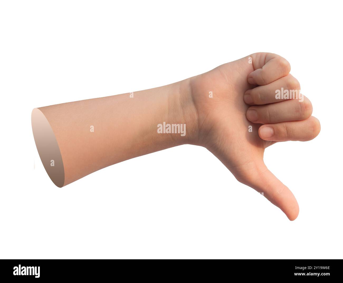 Gesto con il pollice verso il basso, dito antipatico, feedback disapprovante, mano dei bambini isolata su sfondo bianco Foto Stock