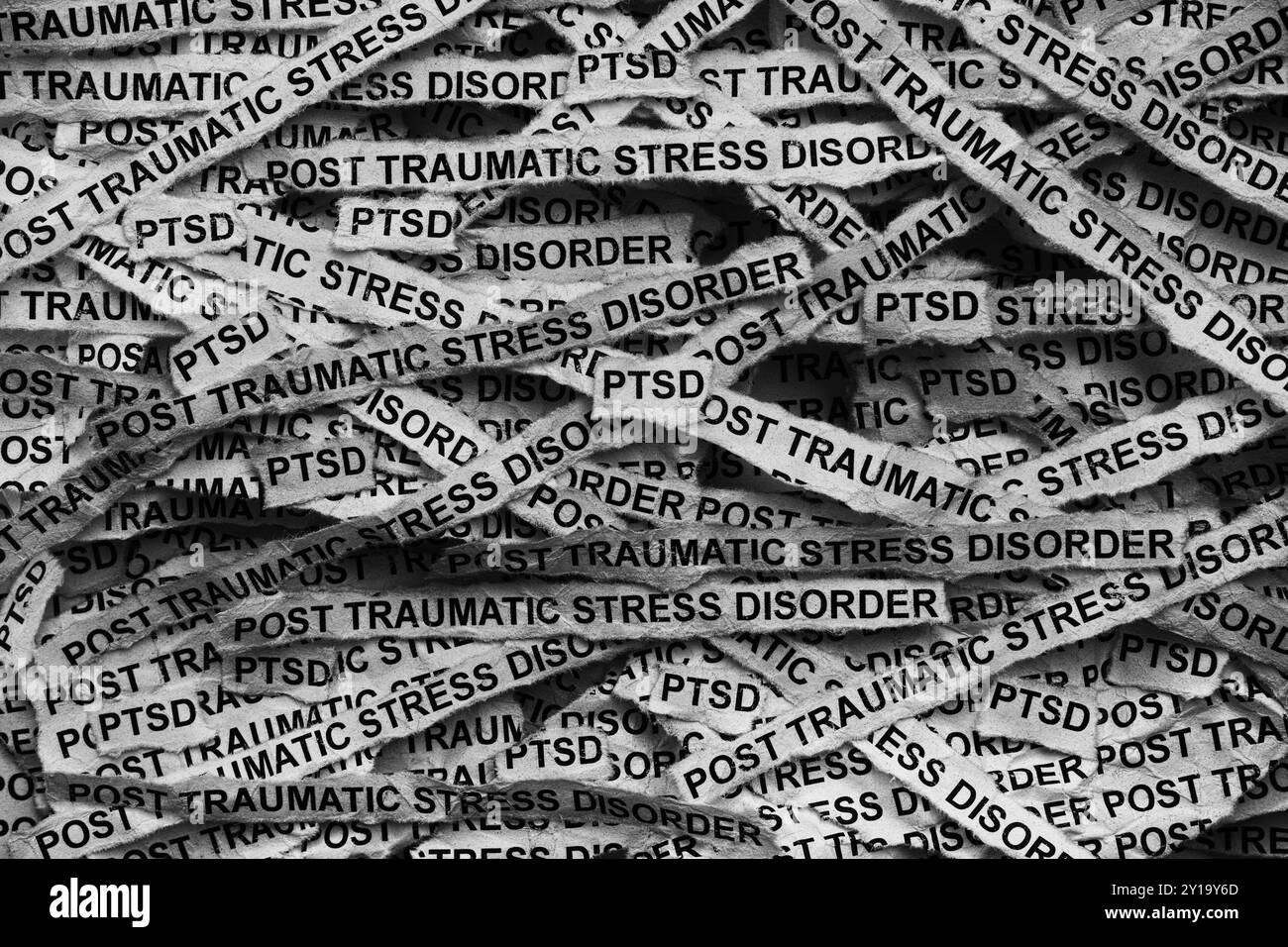 Strisce di giornale con le parole Post traumatic stress Disorder tipizzate su di loro. Bianco e nero. Primo piano. Foto Stock