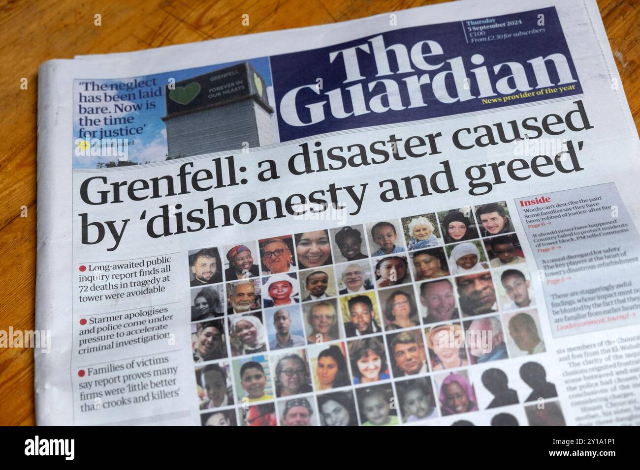 "Grenfell: Un disastro causato da "disonestà e avidità" testata del quotidiano Guardian in prima pagina articolo 5 settembre 2024 Londra Regno Unito Foto Stock