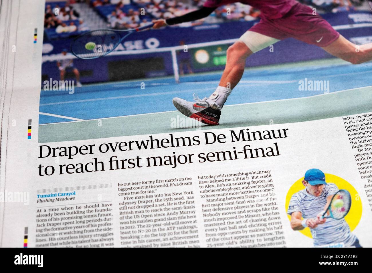 Il giocatore Jack 'Draper travolge De Minaur per raggiungere la prima semifinale importante' il giornale The Guardian titolo US Open tennis articolo 5 settembre 2024 Londra Foto Stock