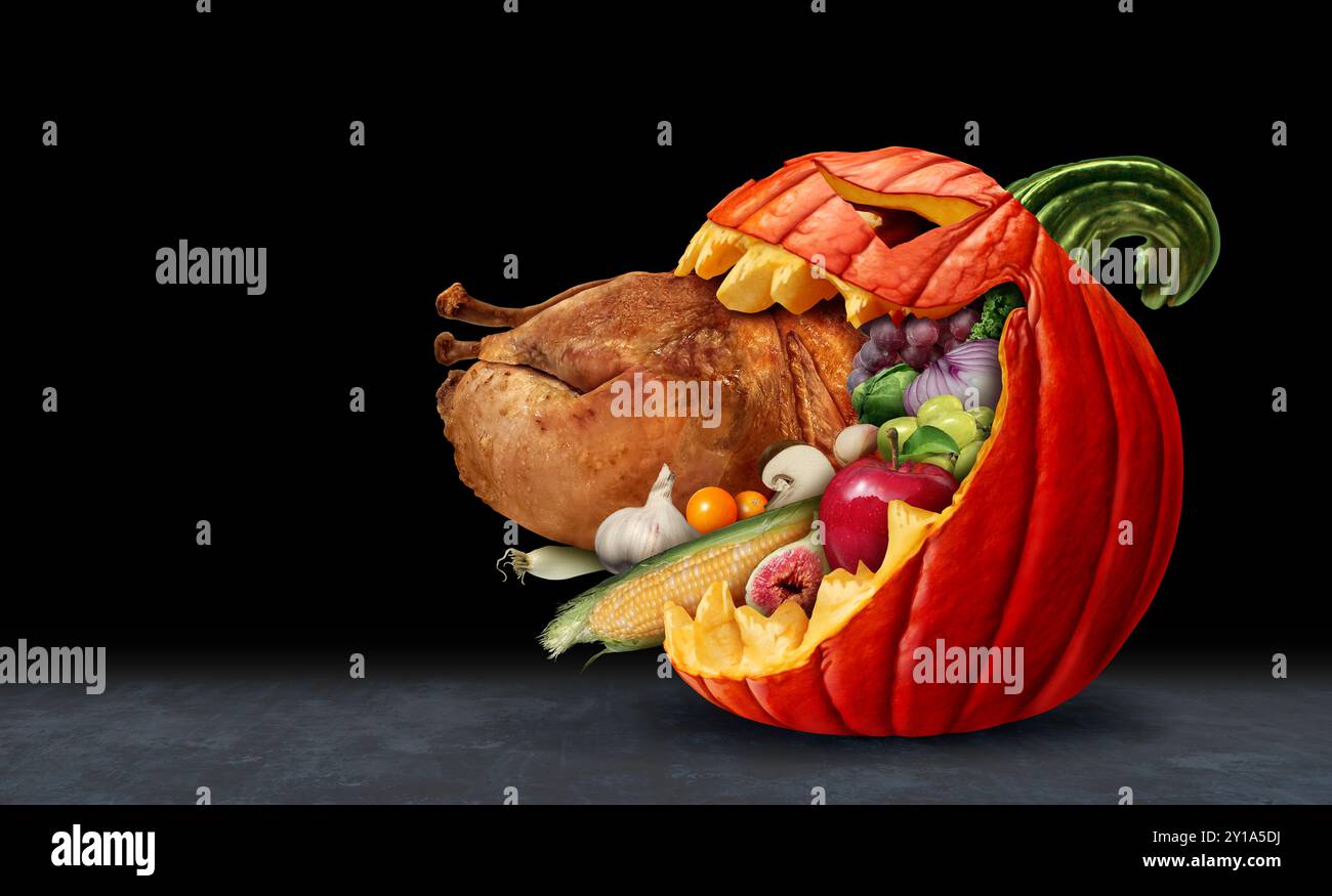 Zucca di Halloween e spaventoso personaggio Jack o lanterna in una vista laterale con una bocca aperta che consuma una tradizionale cena di tacchino come simbolo dell'autunno e dell'autunno Foto Stock