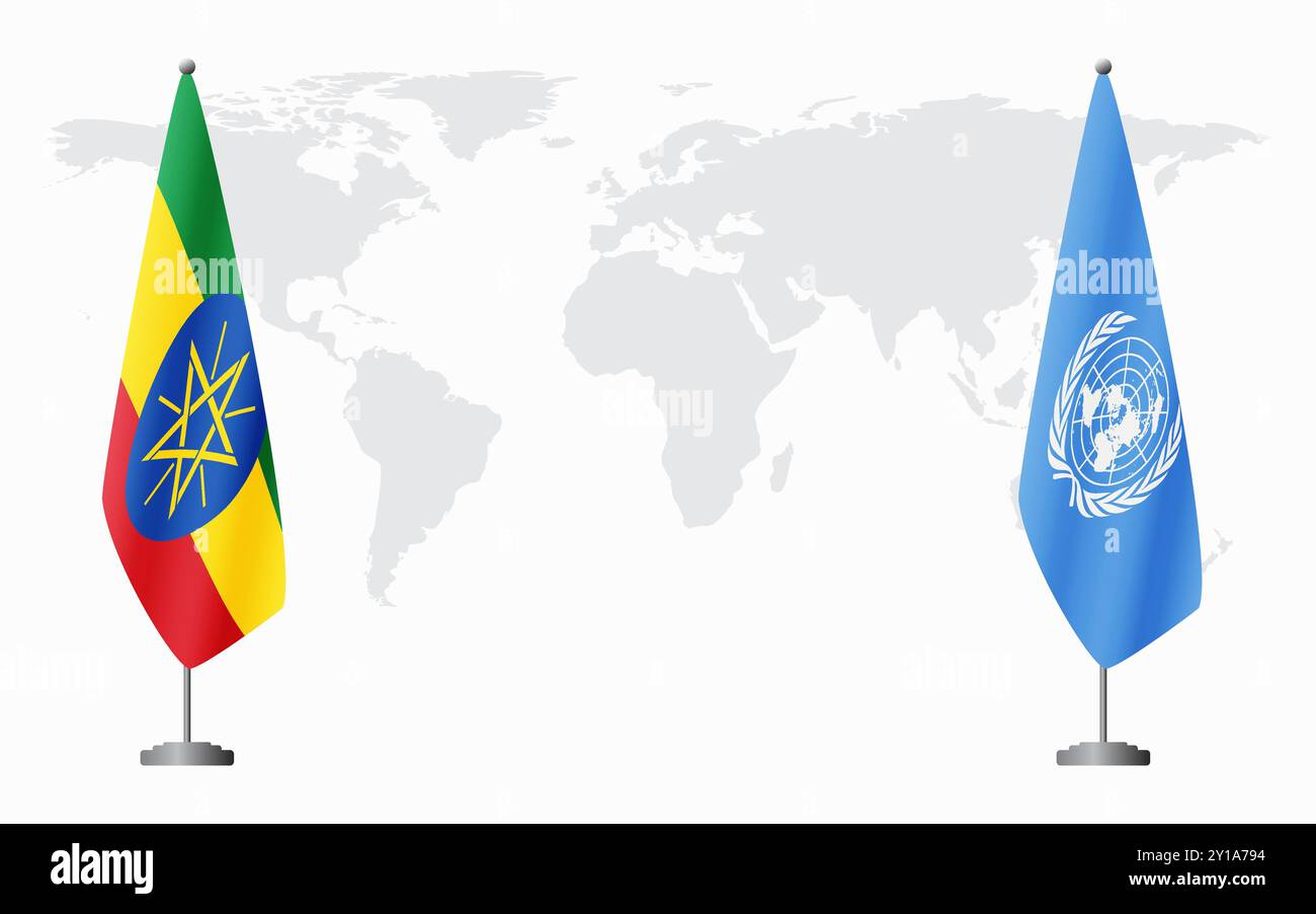 L'Etiopia e le Nazioni Unite bandiere per l'incontro ufficiale sullo sfondo della mappa mondiale. Illustrazione Vettoriale