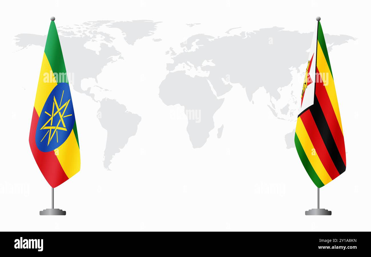 Bandiere dell'Etiopia e dello Zimbabwe per l'incontro ufficiale sullo sfondo della mappa mondiale. Illustrazione Vettoriale