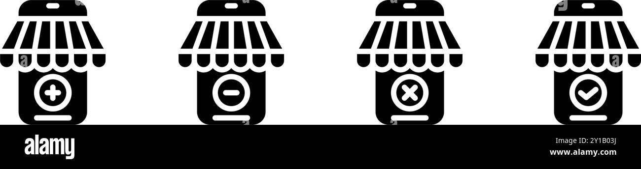 Negozio di telefoni Icon con tettoia e più, simboli di controllo e rifiuto inus, pulsanti del negozio online. File modificabile Illustrazione Vettoriale