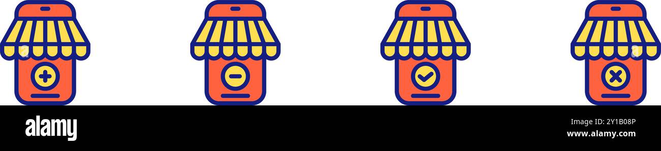 Negozio di telefoni Icon con tettoia e più, simboli di controllo e rifiuto inus, pulsanti del negozio online. File modificabile Illustrazione Vettoriale