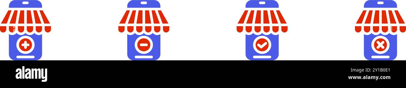 Negozio di telefoni Icon con tettoia e più, simboli di controllo e rifiuto inus, pulsanti del negozio online. File modificabile Illustrazione Vettoriale