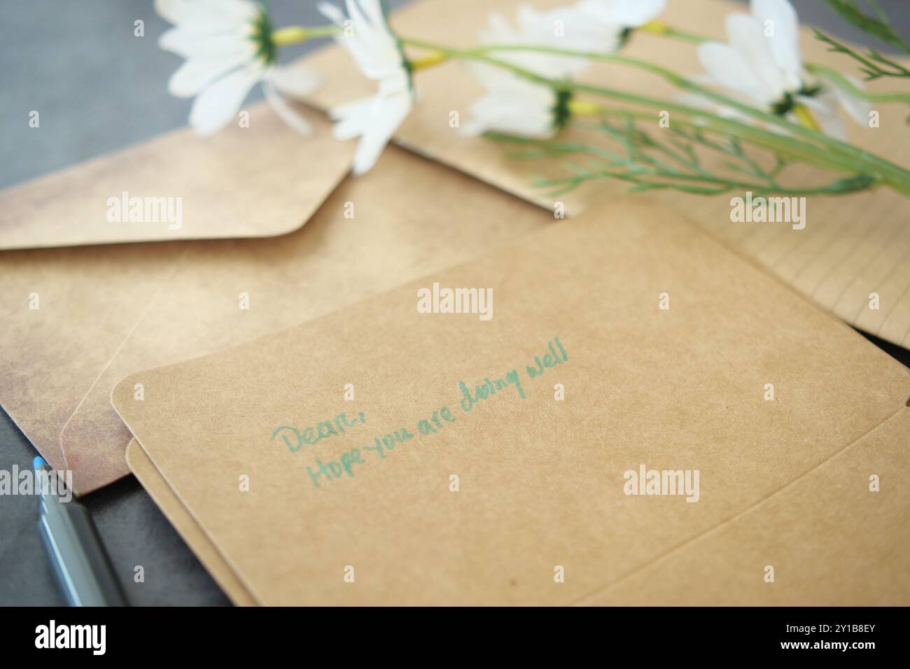 Bellissime note scritte a mano e affascinanti buste con fiori, ideali per messaggi di cuore Foto Stock