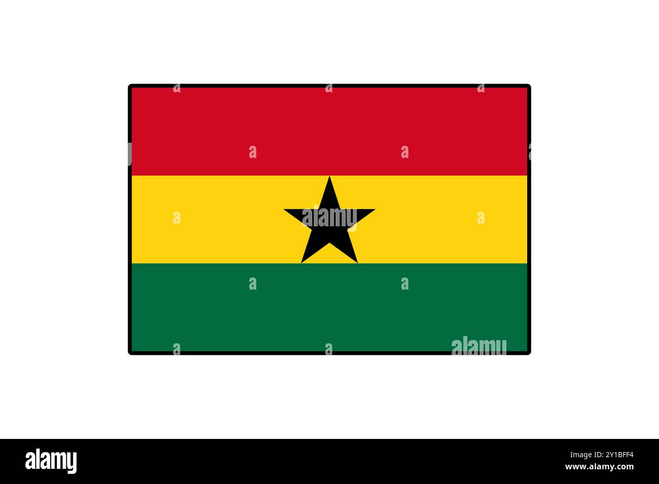 Una rappresentazione vettoriale della bandiera del Ghana con strisce orizzontali di rosso, giallo e verde, con una stella nera centrale. Questo simbolo riflette l'orgoglio e il patrimonio nazionale del Ghana. Illustrazione Vettoriale