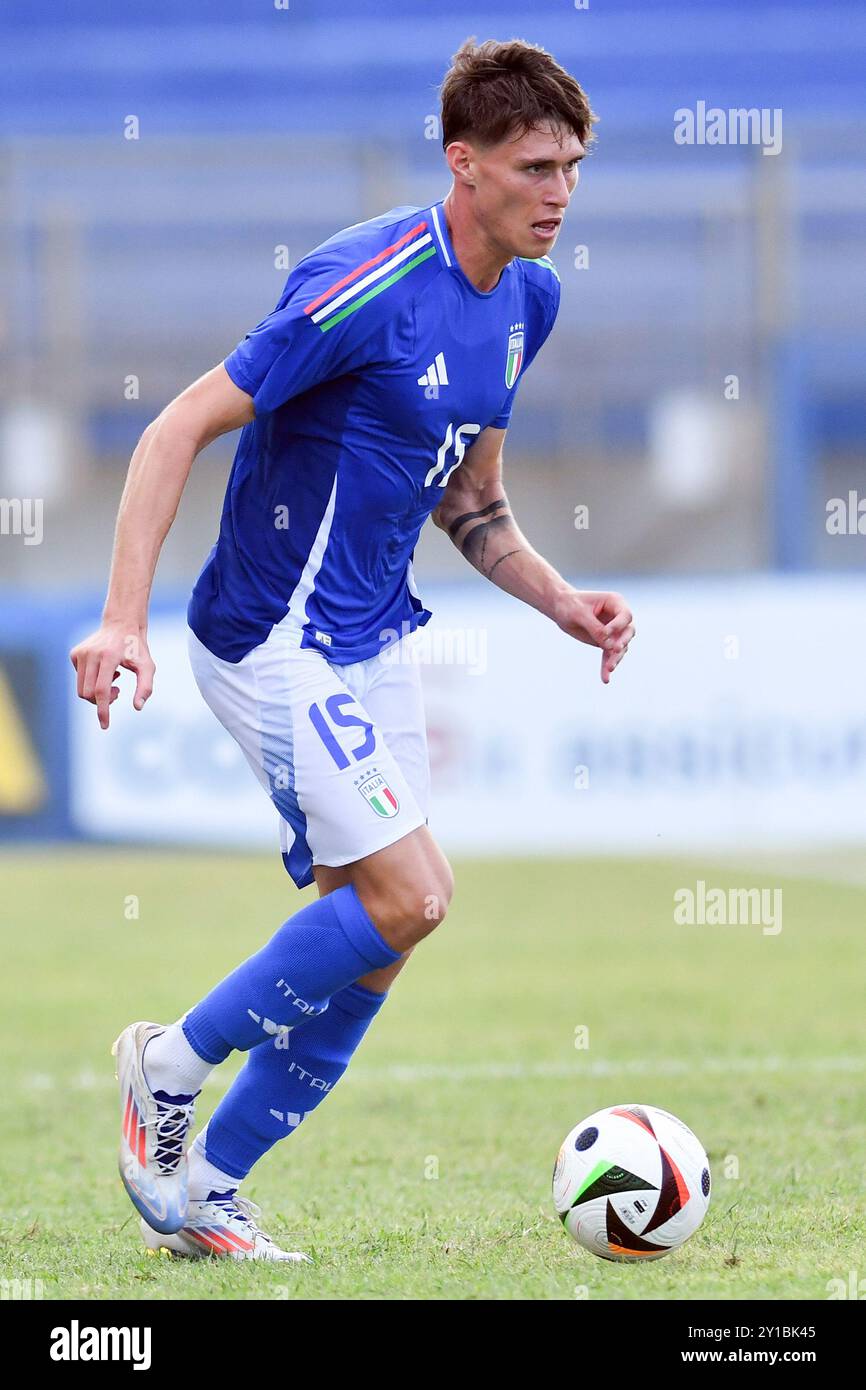 Latina, Italia. 5 settembre 2024. Nicolo Savona, d'Italia visto in azione durante la partita di qualificazione del Campionato europeo Under 21 Italia contro San Marino allo stadio Domenico Francioni di Latina. Punteggio finale; Italia 7:0 San Marino (foto di Mattia Vian/SOPA Images/Sipa USA) credito: SIPA USA/Alamy Live News Foto Stock