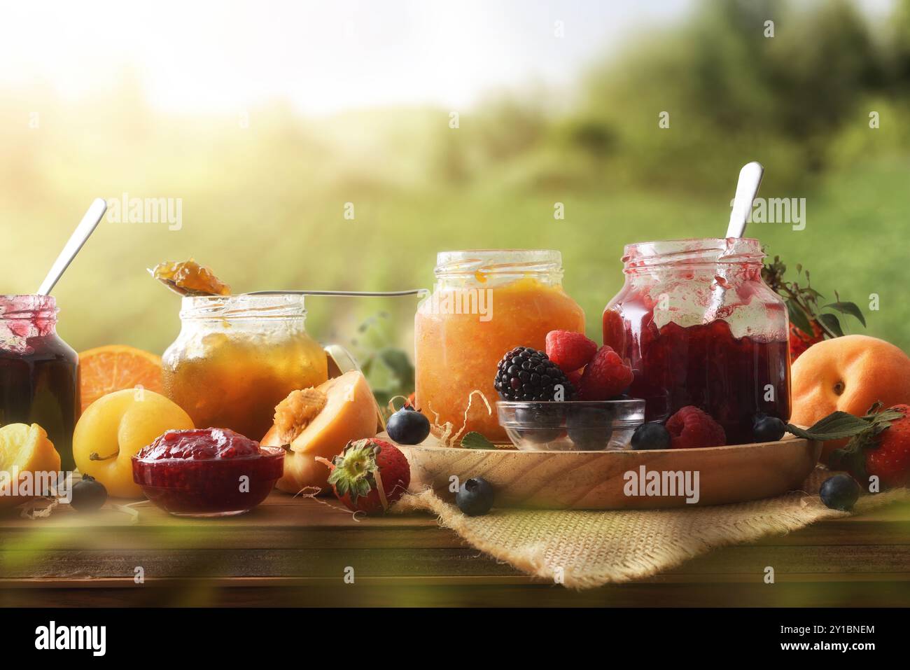 Marmellate naturali fatte in casa di vari tipi di frutta in vasetti su un tavolo di legno in campagna. Vista frontale. Foto Stock