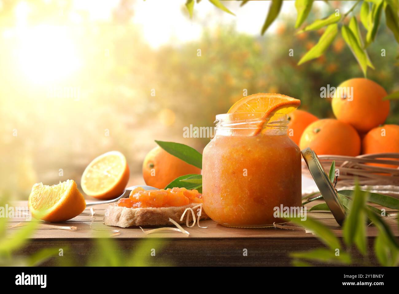 Marmellata d'arancia fatta in casa in vasetti di vetro e fetta di pane su tavola di legno e sfondo naturale. Vista frontale. Foto Stock