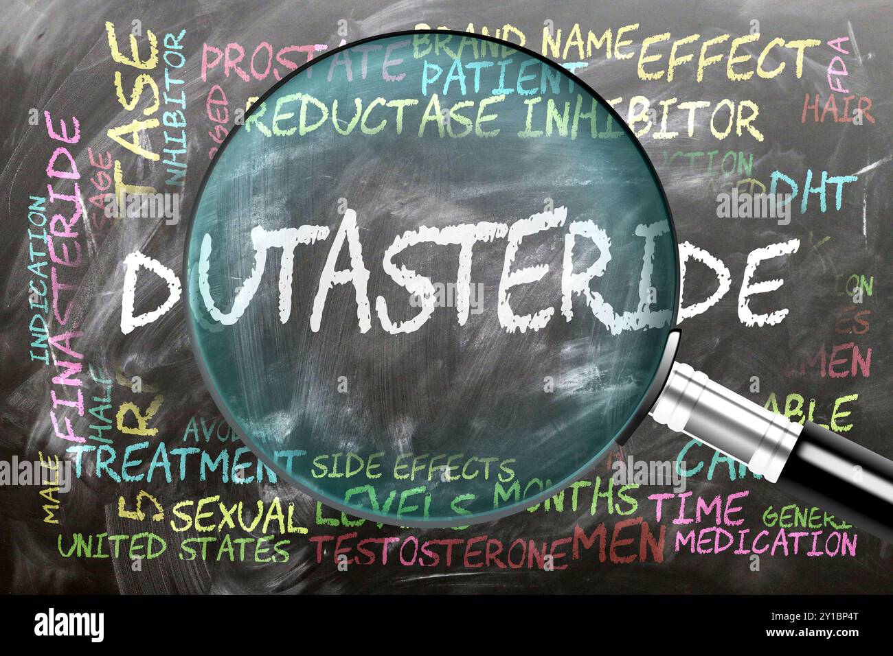Dutasteride in fase di studio, esame - sotto stretta ispezione. Argomenti e idee più importanti strettamente correlati al dutasteride scritto su una lavagna Foto Stock