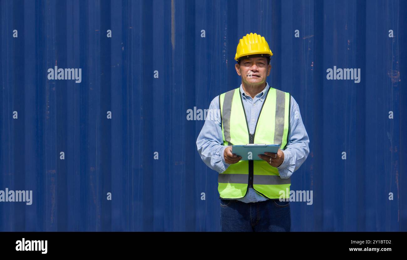 Gli addetti alle spedizioni senior con giubbotto di sicurezza e elmetto giallo con portadocumenti, si trovano davanti a un grande contenitore di carico. Foto Stock