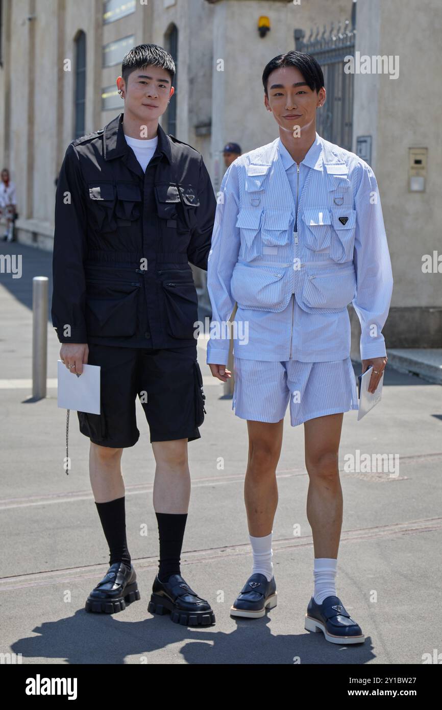 MILANO, ITALIA - 16 GIUGNO 2024: Taiki Takahashi e Noah Lee prima della sfilata Prada, Milano Fashion Week Street style Foto Stock