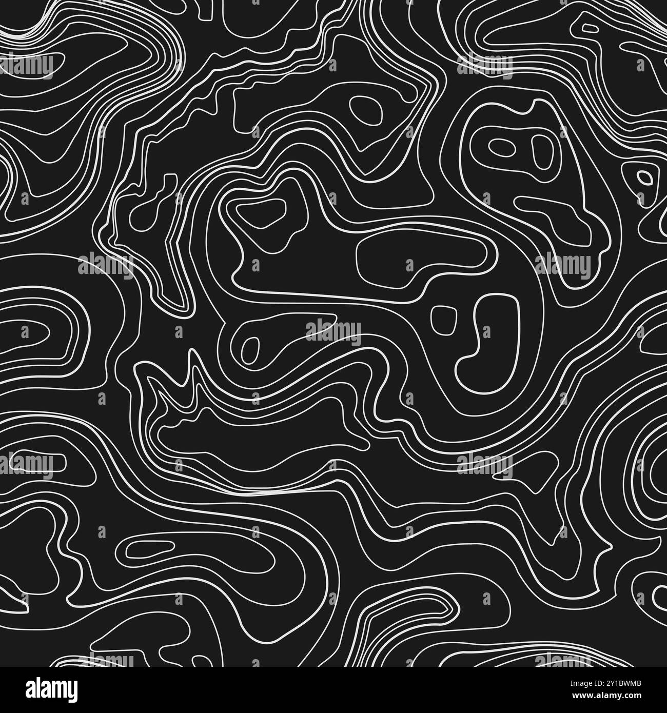 Mappa topografica con linee di contorno bianche su sfondo nero senza cuciture. Sfondo a linee ondulate astratte per sfondo, sfondo, striscione. Illustrazione Vettoriale