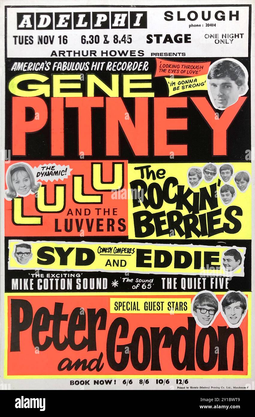 Volantino dei concerti per Gene Pitney UK tour 1965. Day glo giallo e arancione su nero, pop art design. Tra i gruppi di supporto ci sono Lulu and the Luvvers, The Rockin Berries, Peter e Gordon. Prezzi dei biglietti da 6/6d a 12/6d (da 32p a 72p!). Cultura popolare Foto Stock