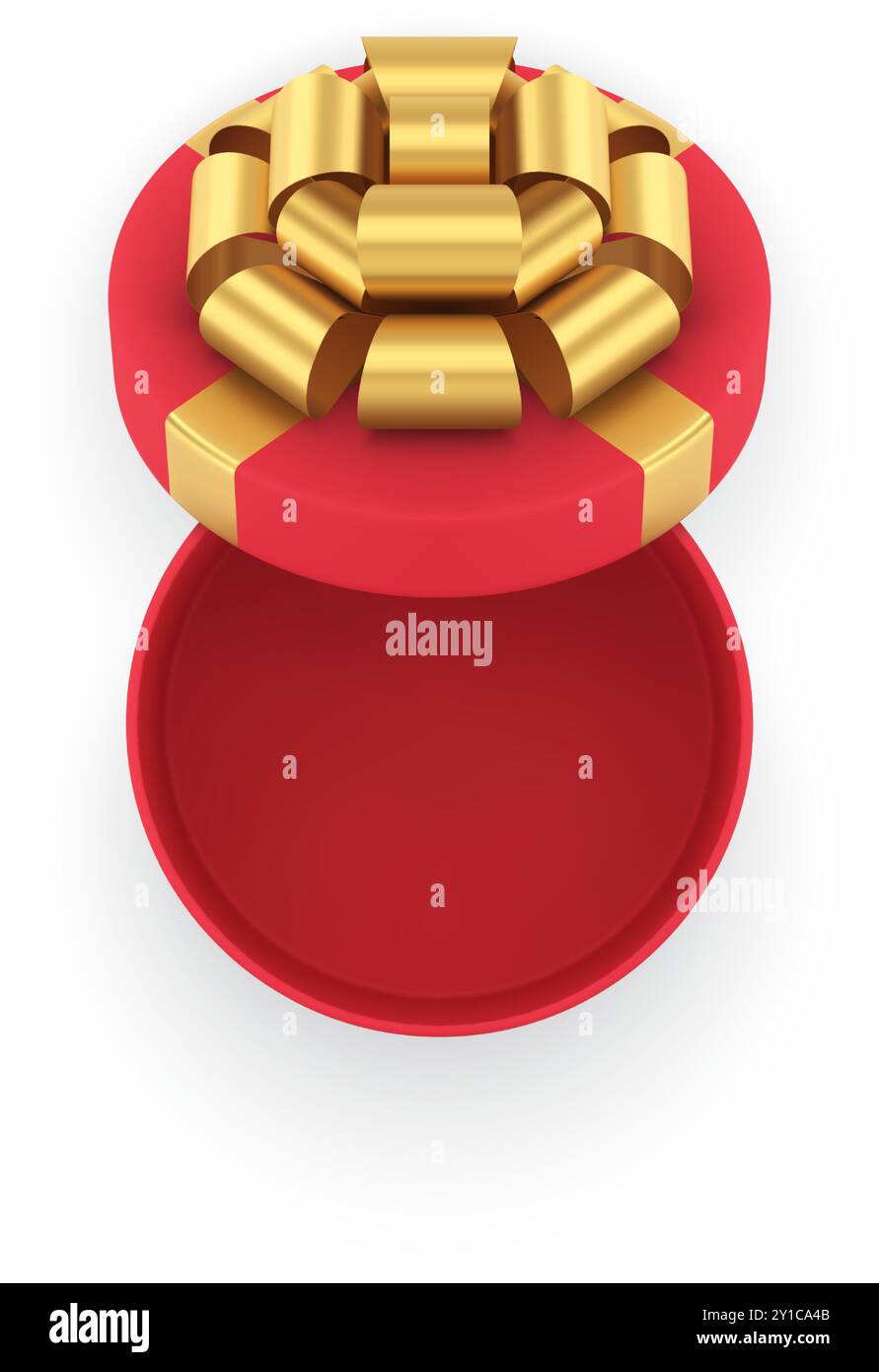 Vista dall'alto scatola di cartone arrotondata rossa vuota e realistica decorata con un nastro ad arco dorato metallico illustrazione vettoriale modello 3d. Elegante cerchiato pre Illustrazione Vettoriale