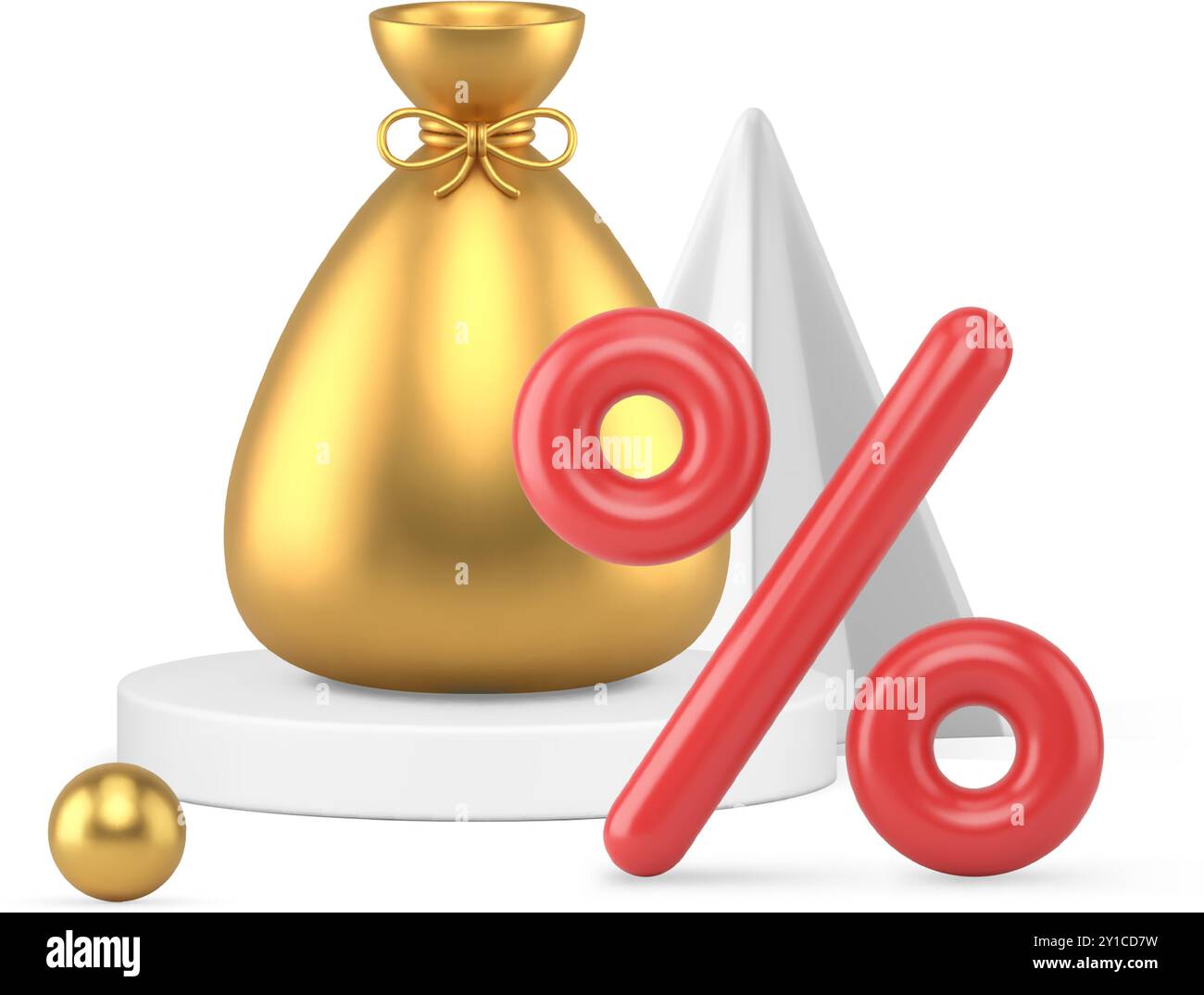 Percentuale di sconto natalizio con sacco regalo dorato su piedistallo realistico illustrazione vettoriale dell'icona 3d. Offerta speciale natalizia tradizionale pr Illustrazione Vettoriale