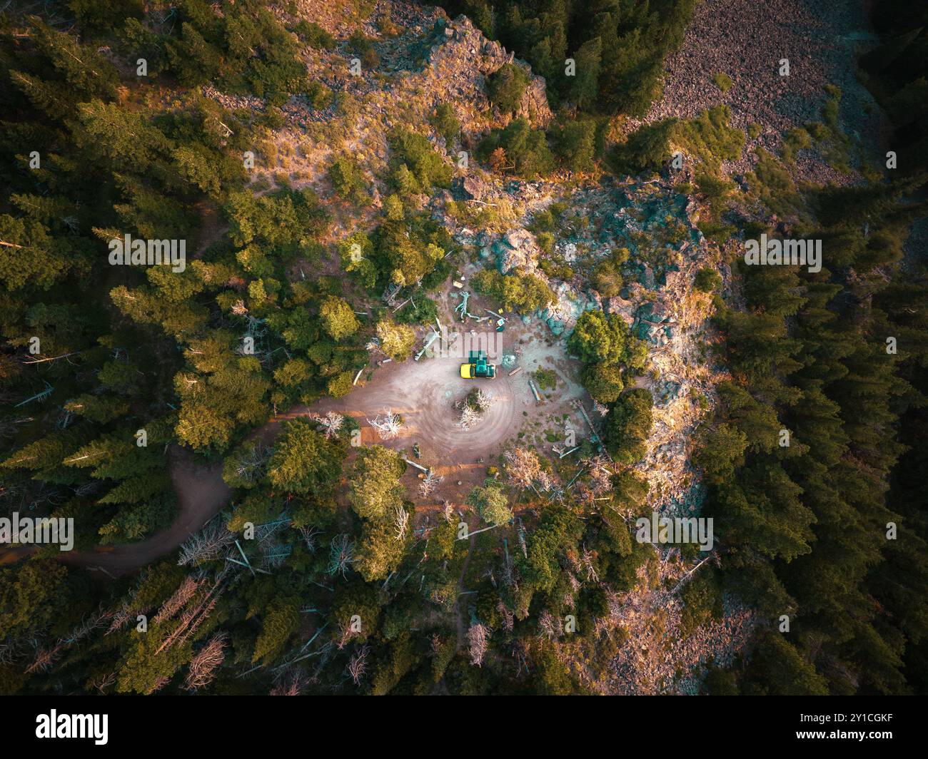 Campeggi giallo su una scogliera circondata da alberi Foto Stock