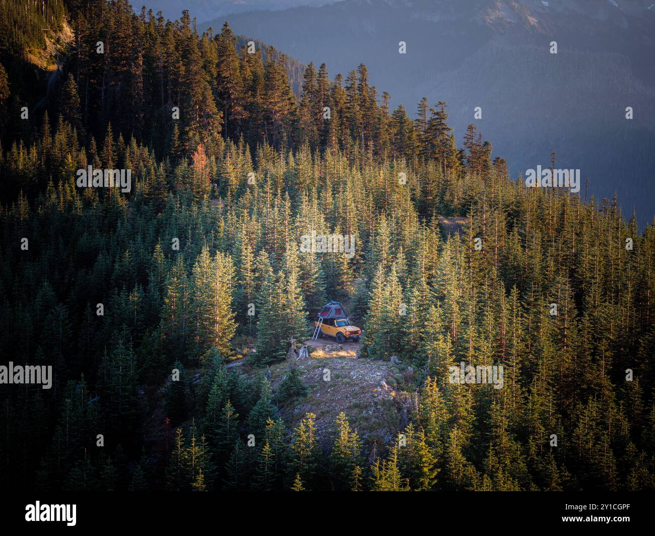 Campeggi giallo su una scogliera circondata da alberi Foto Stock