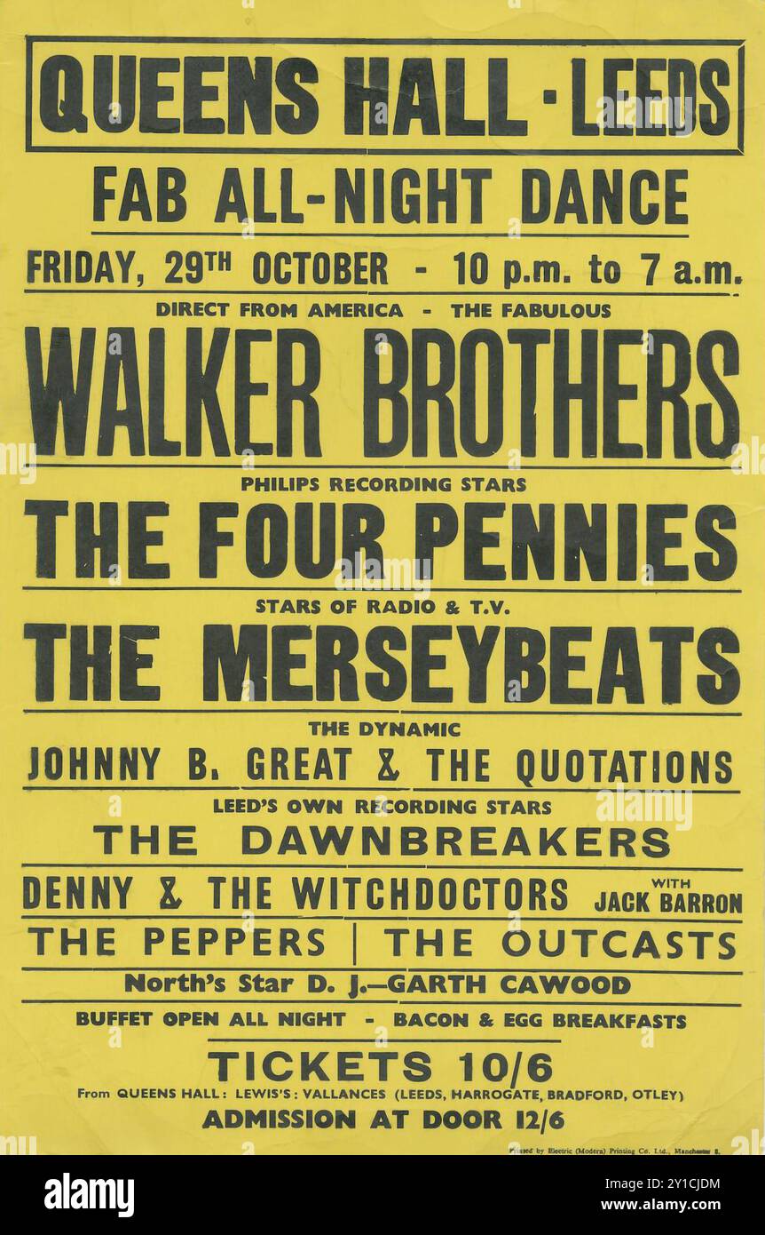 Queens Hall, Leeds, volantini per concerti pop, anni Sessanta. Walker Brothers, Merseybeats, Four Pennies. La danza tutta la notte inizia alle 22:00. Biglietti 10/6d (52p). Colazione con uova e pancetta. Trovato sul Web e ripristinato... Tipografia d'epoca stampata con Letterpress Foto Stock