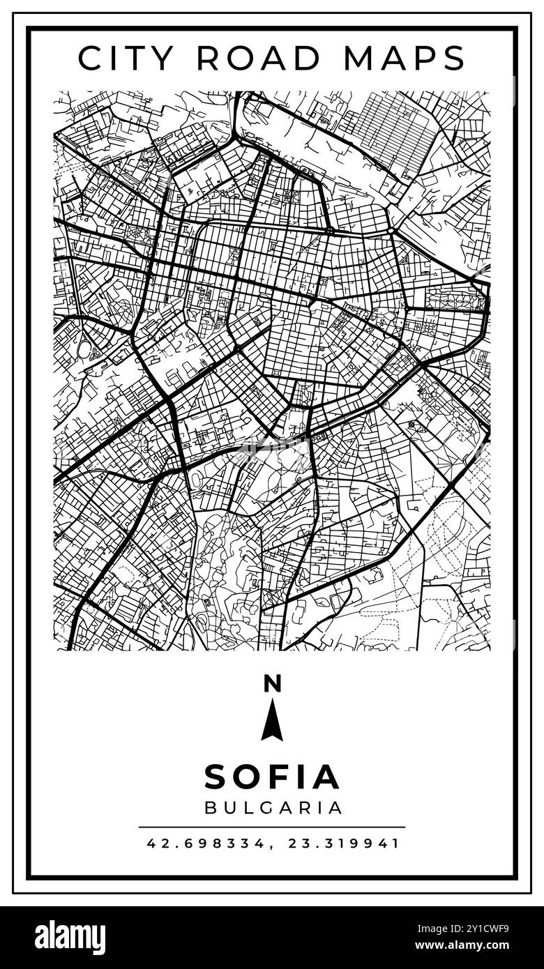 Mappa d'arte monocromatica della città capitale di Sofia, in Bulgaria, illustrazione e decorazione domestica Illustrazione Vettoriale