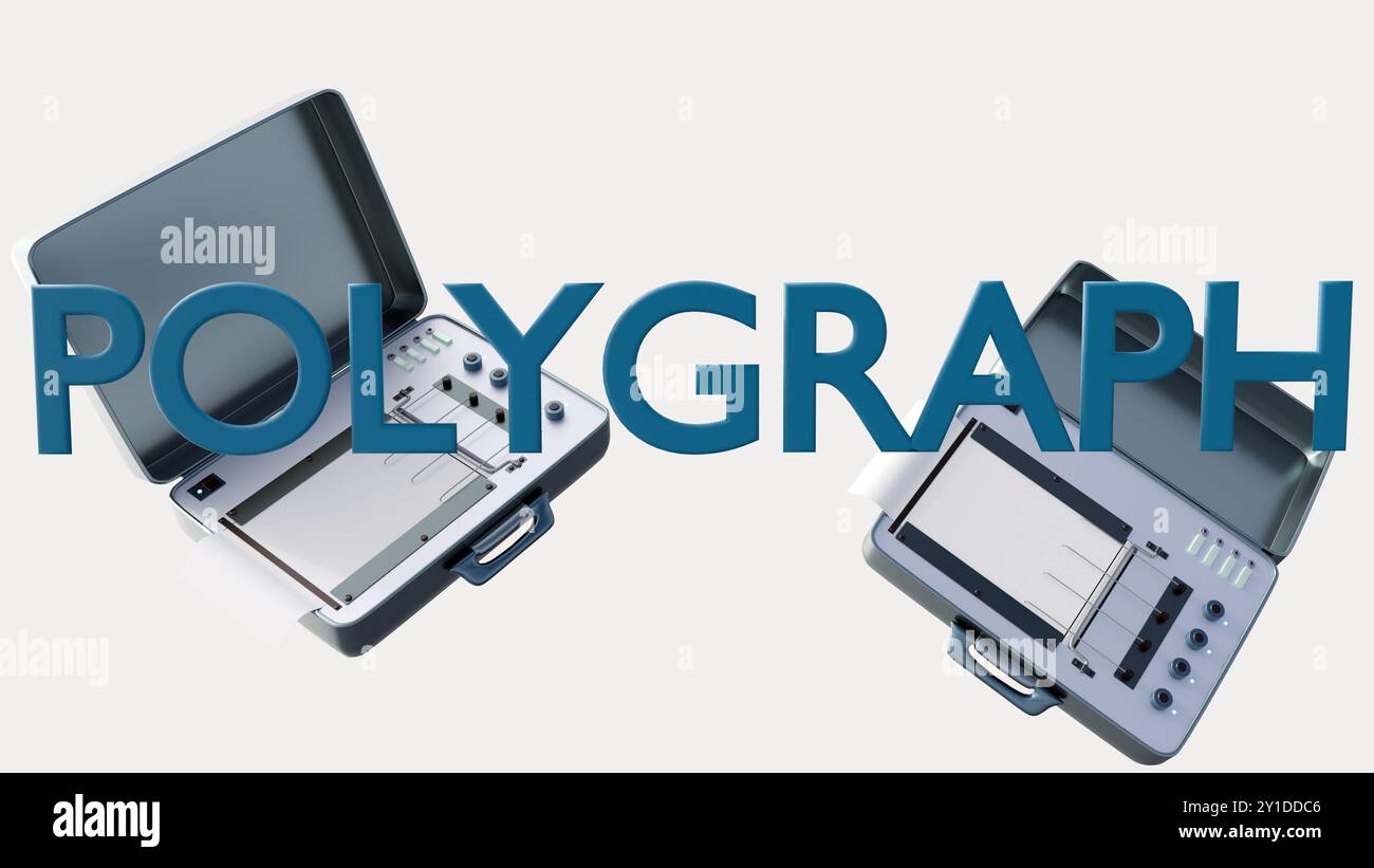 Rendering 3D di un'antica macchina poligrafica con la parola "POLYGRAPH", isolata su sfondo bianco. Foto Stock