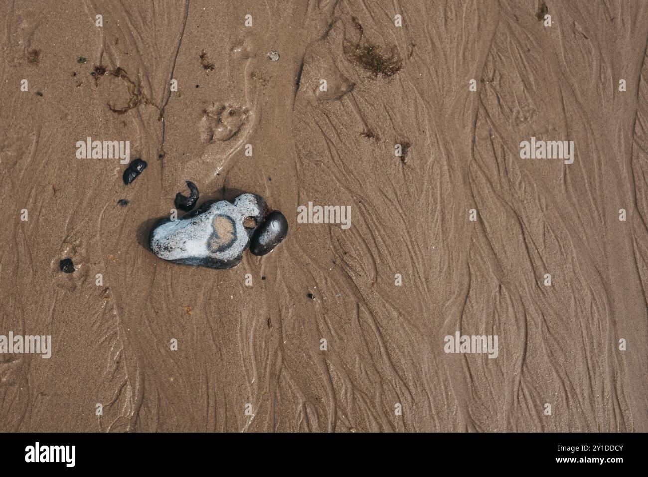 Sabbia dorata bagnata con formazione di pietra a forma di cuore Foto Stock