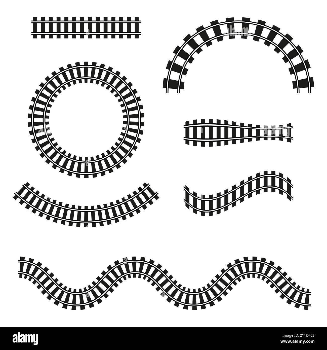 Illustrazioni dei binari ferroviari. Profili delle guide curvi e ondulati. Elementi vettoriali in bianco e nero. Varietà di progetti di binari ferroviari. Illustrazione Vettoriale