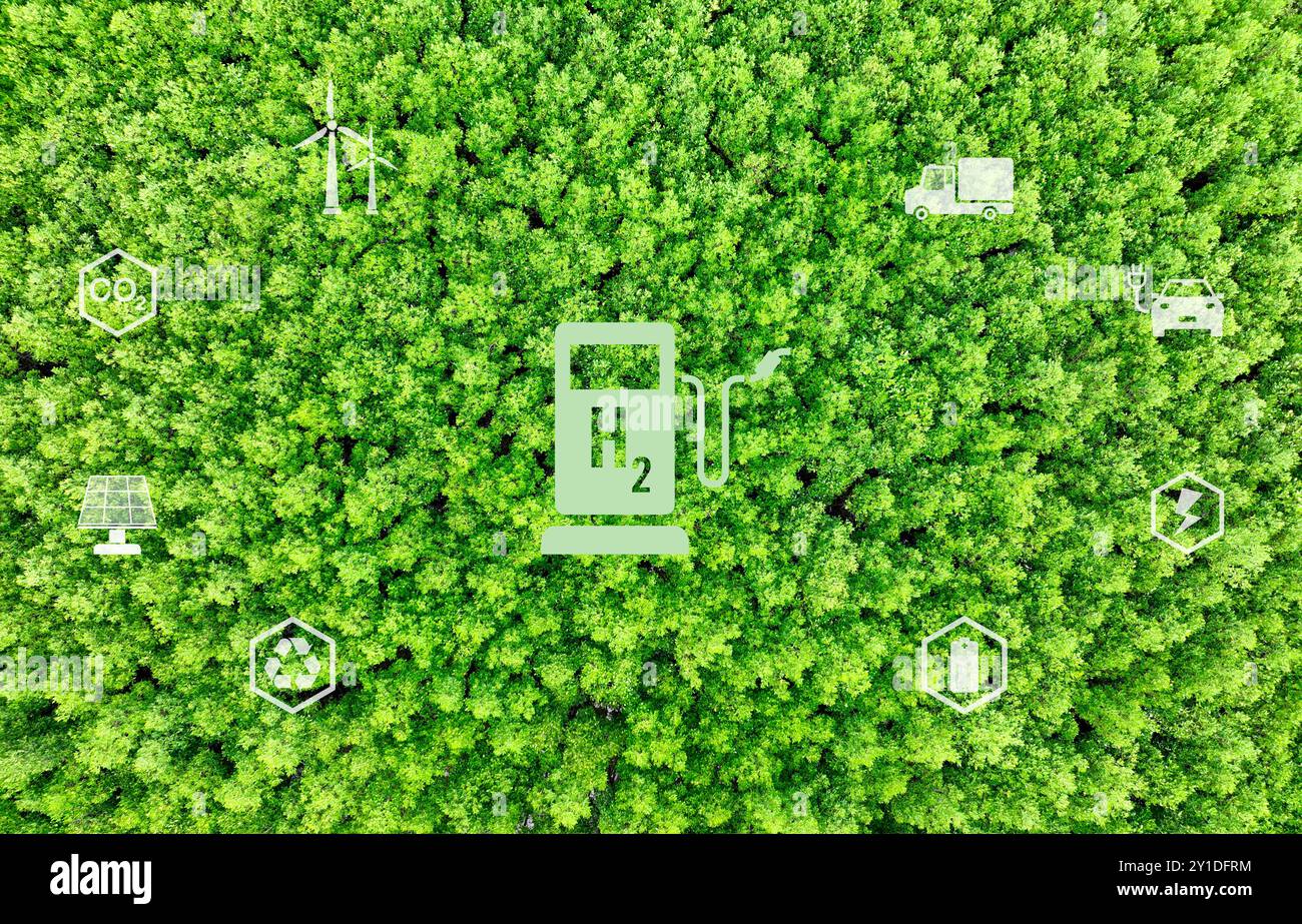 Generazione di energia a idrogeno verde utilizzando risorse rinnovabili sostenibili come il sole e l'eolico. Veicolo a celle a combustibile a idrogeno con emissioni zero. Tecnologia verde Foto Stock