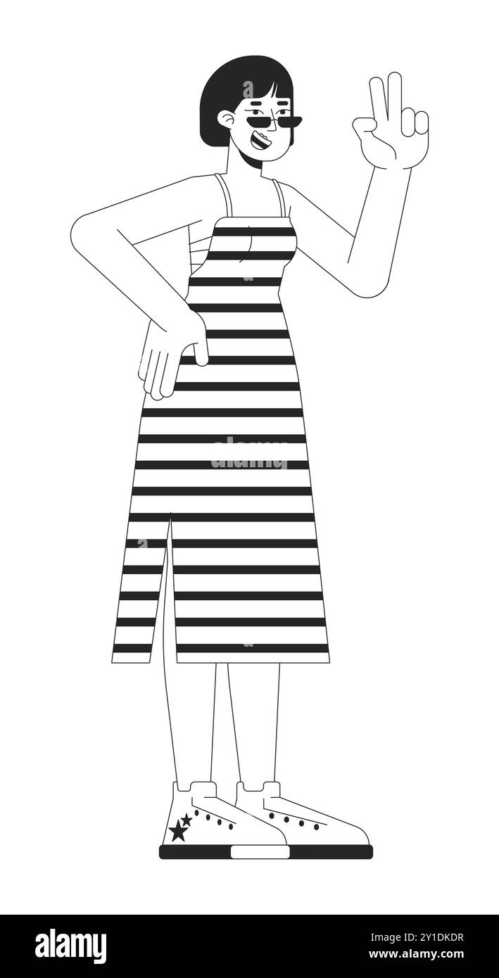 Allegra donna asiatica con V gesto in bianco e nero 2D linea personaggio cartoni animati Illustrazione Vettoriale