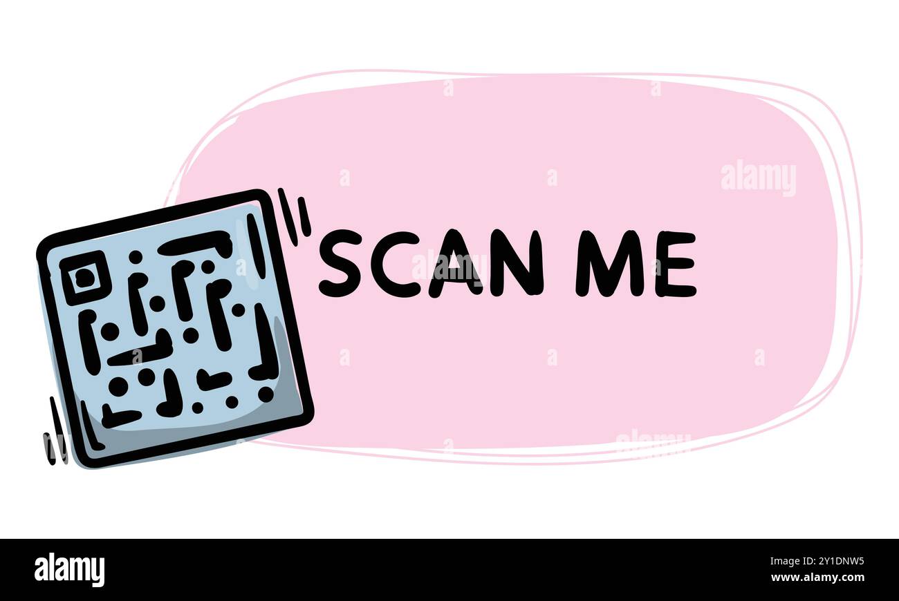 Semplice adesivo disegnato a mano con codice QR e scansione del testo. Illustrazione vettoriale per emblema, etichetta, etichetta prezzo, sfondo Illustrazione Vettoriale