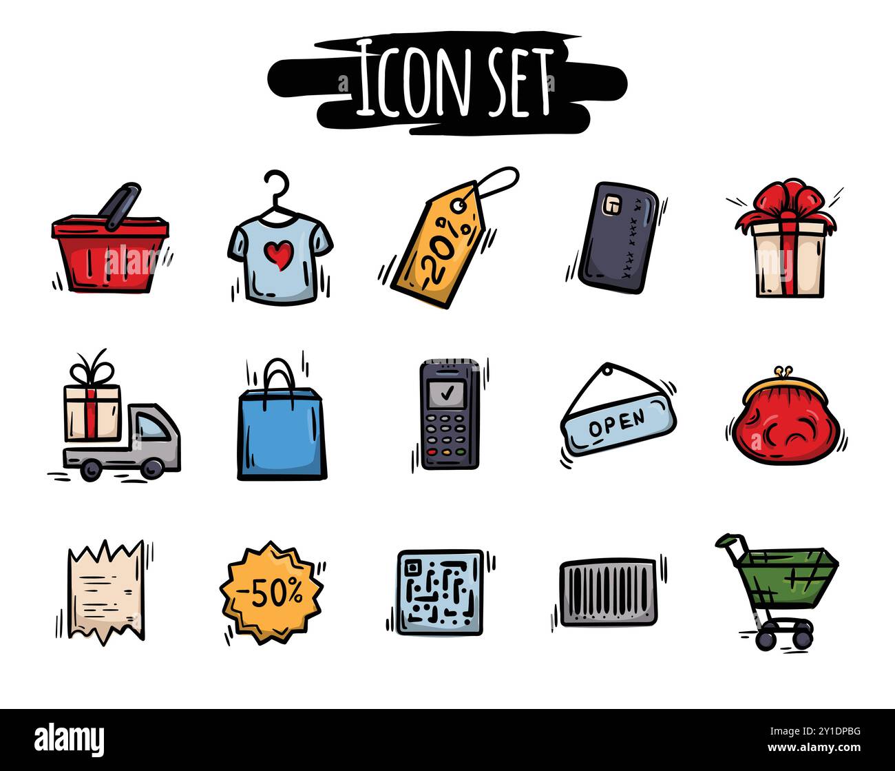 Una serie di icone disegnate a mano relative a Black Friday, negozi, vendite, promozioni, sconti. Segni vettoriali, simboli, elementi Illustrazione Vettoriale