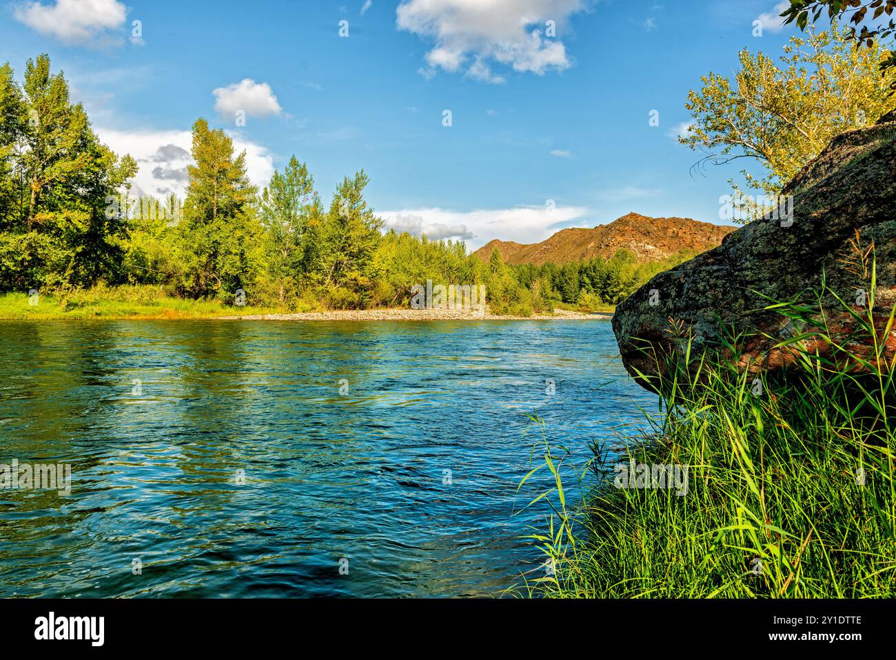 Luminoso paesaggio diurno di un lento fiume di montagna Foto Stock