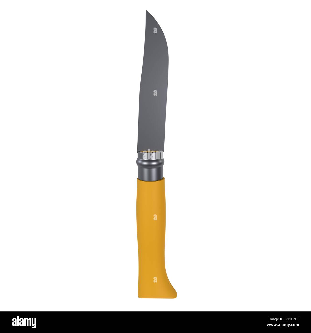 Un modello 3D dettagliato di un coltello da cucina con manico giallo e lama in acciaio inox. Foto Stock