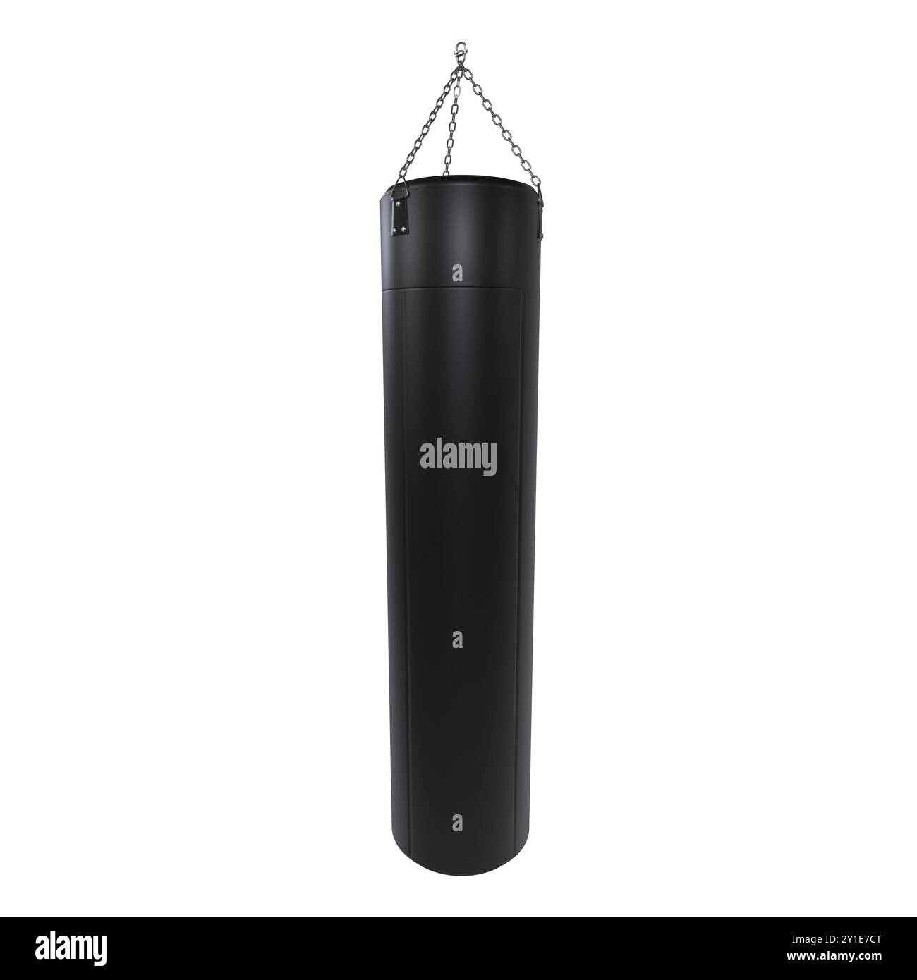 Un sacchetto di punzonatura nero è appeso al soffitto in un'ampia area di allenamento. Foto Stock